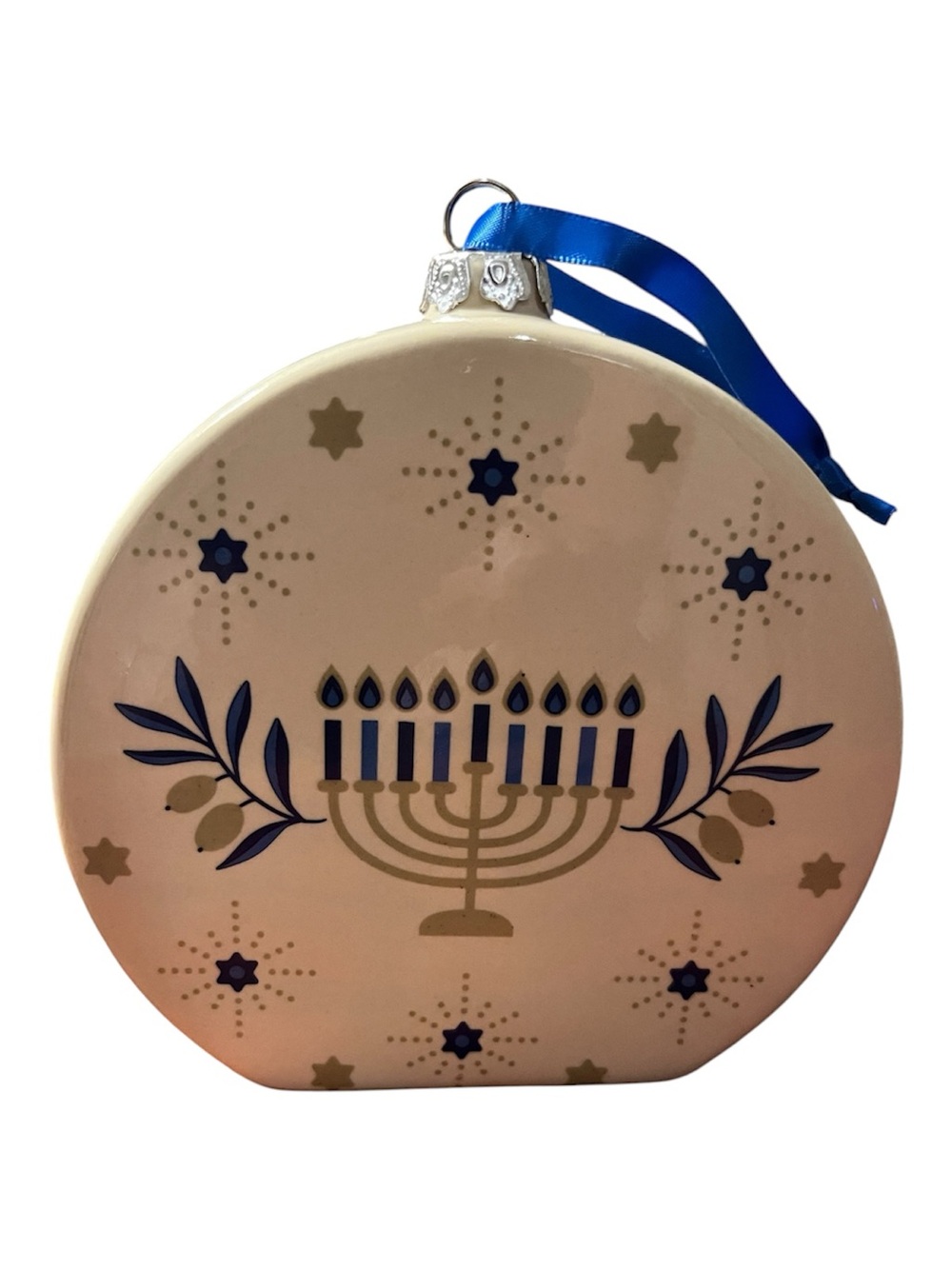 Holiday Menorah Ceramic Ornament in Blue and Gold